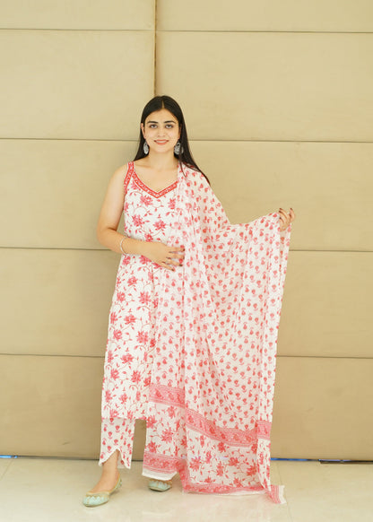 Pink floral strappy cotton suit set