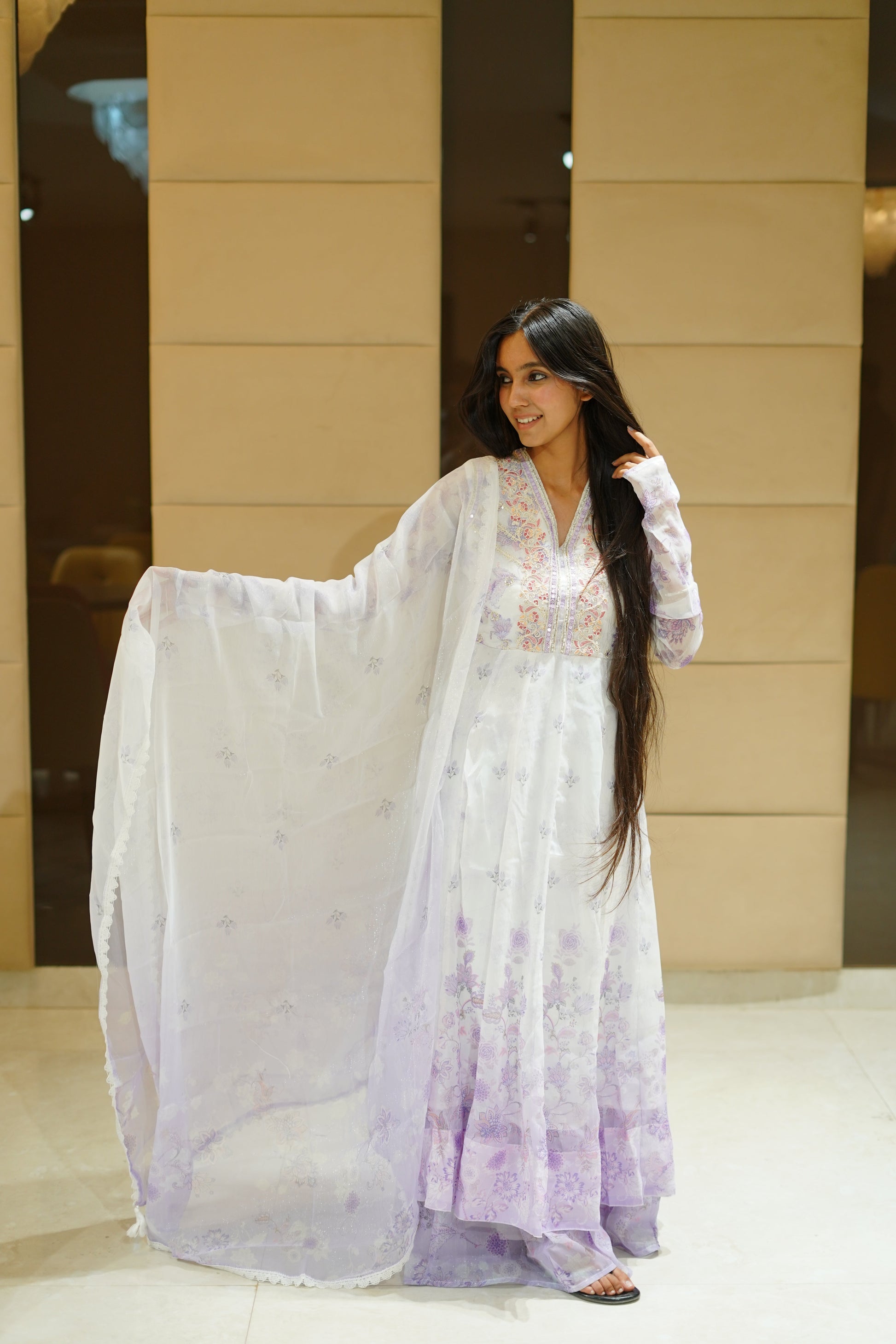 Lavender shimmer anarkali suit set
